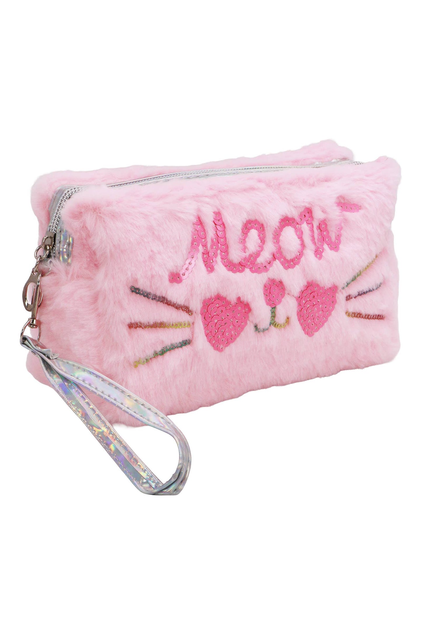 Meow Kitty Sequin Fuzzy Fur Cosmetic Pouch Bag