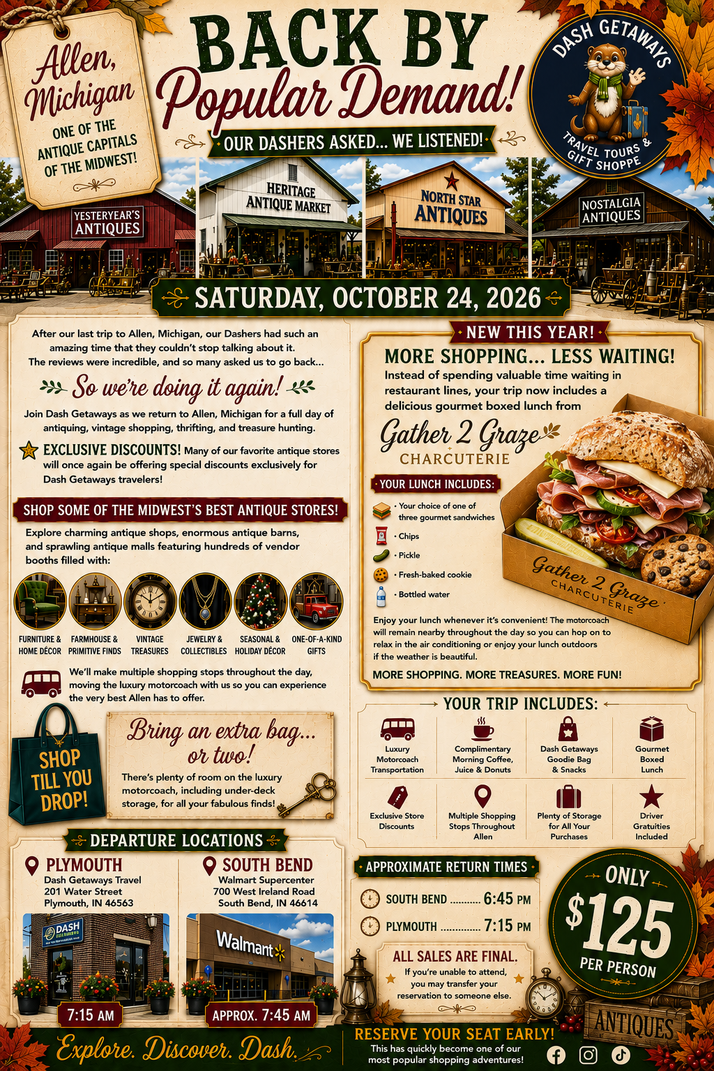Back by Popular Demand! October 24, 2026-THRIFTING & ANTIQUING DAY TRIP - Allen, Michigan | One of the Antique Capitals of the Midwest - Pick Up Locations: Plymouth & South Bend