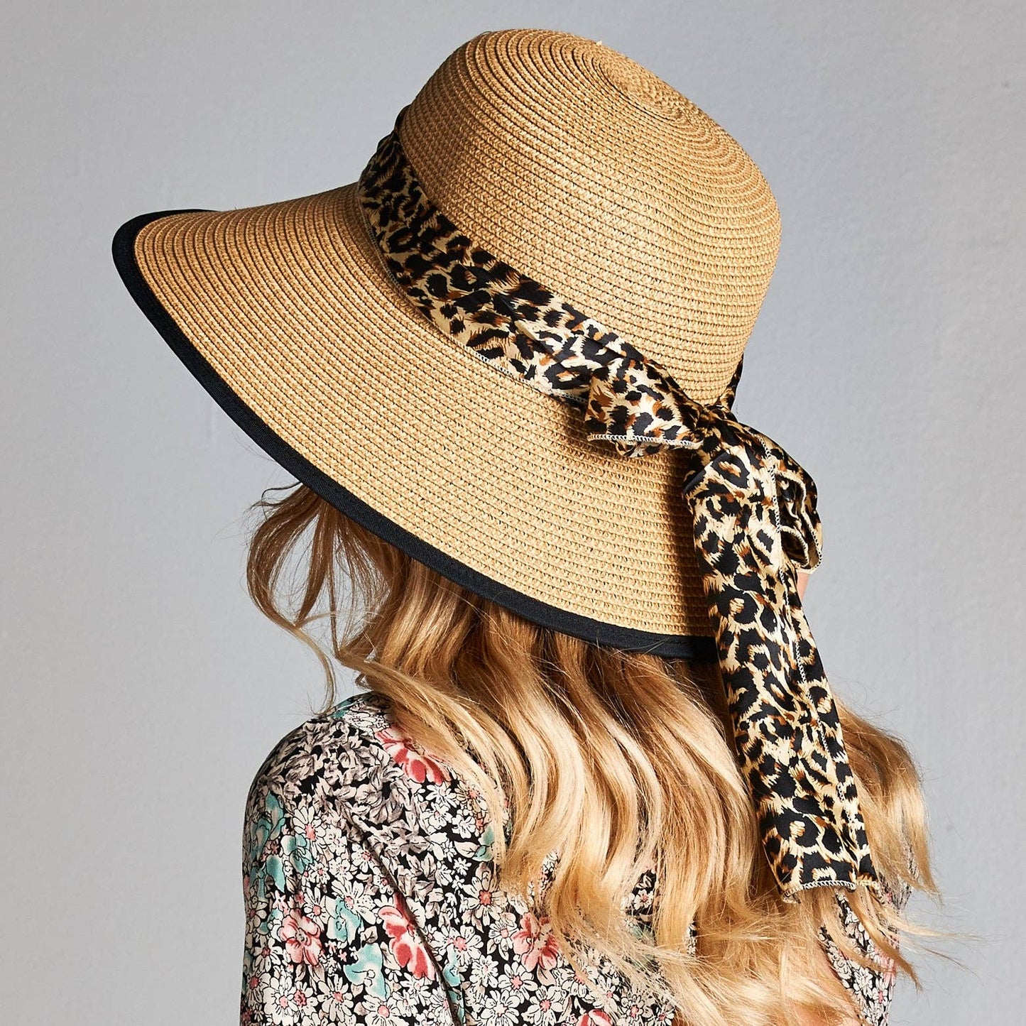 Straw Sun Hat with Cheetah Print Ribbon