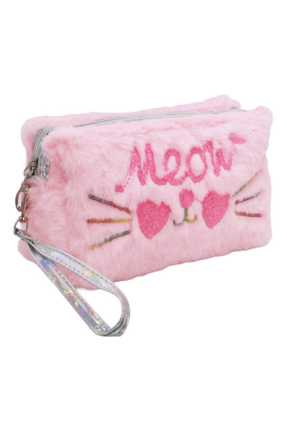 Meow Kitty Sequin Fuzzy Fur Cosmetic Pouch Bag