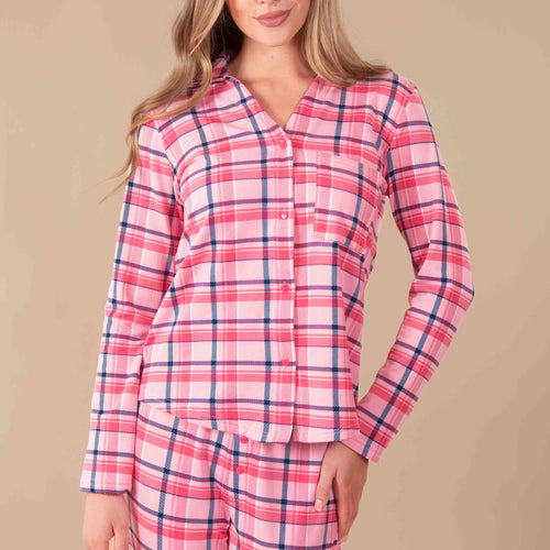 Navy and Pink Plaid Pajama Top | Cloud Plush Long Sleeve PJs