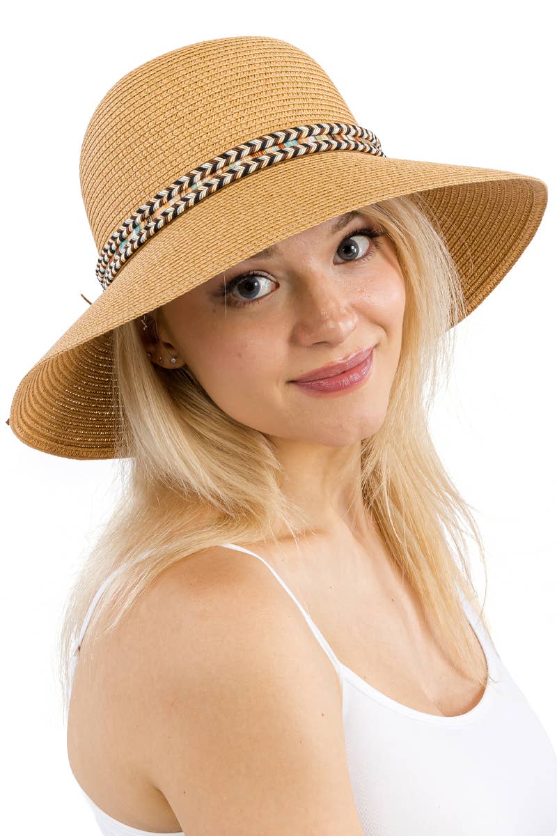 Tribal Band Dome Brim Straw Derby Sun Hat