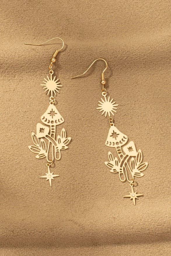 Brass Stamping Drop Earrings with Sun, Star and Mushroom