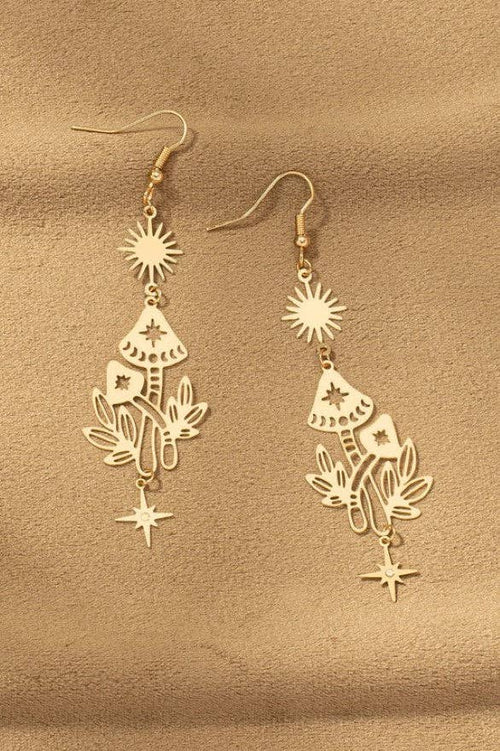 Brass Stamping Drop Earrings with Sun, Star and Mushroom