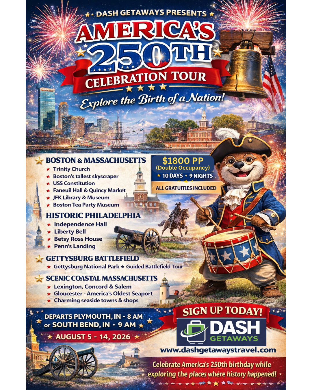 August 5-14, 2026 - Walk the Path of America’s Founding: A Once-in-a-Lifetime Patriotic Journey: Pick Up:  Plymouth & South Bend