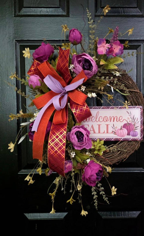 Welcome Fall Handcrafted Purple Floral Grapevine Wreath 