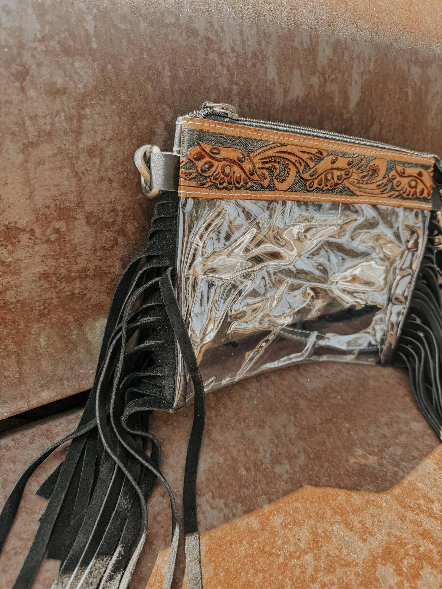 Clear Tooled Leather Fringe Stadium Purse