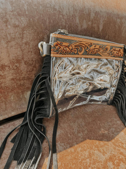 Clear Tooled Leather Fringe Stadium Purse