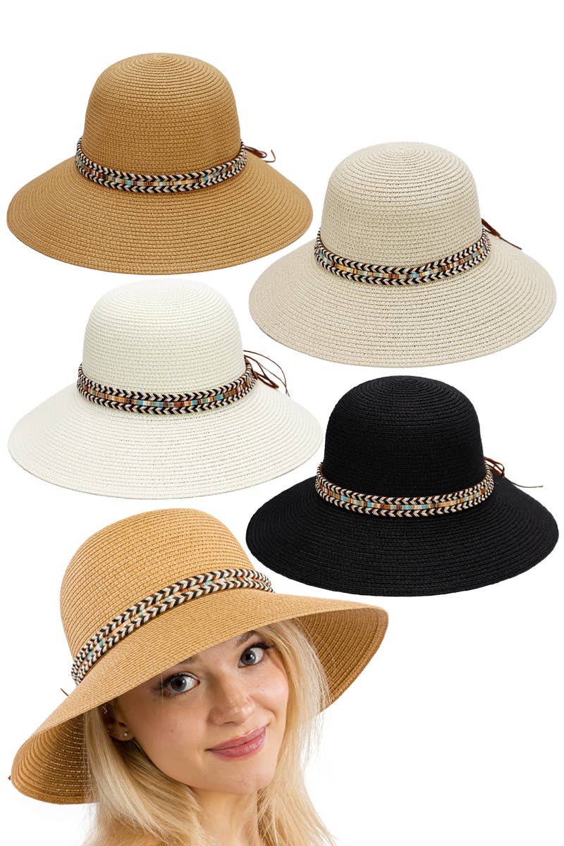 Tribal Band Dome Brim Straw Derby Sun Hat