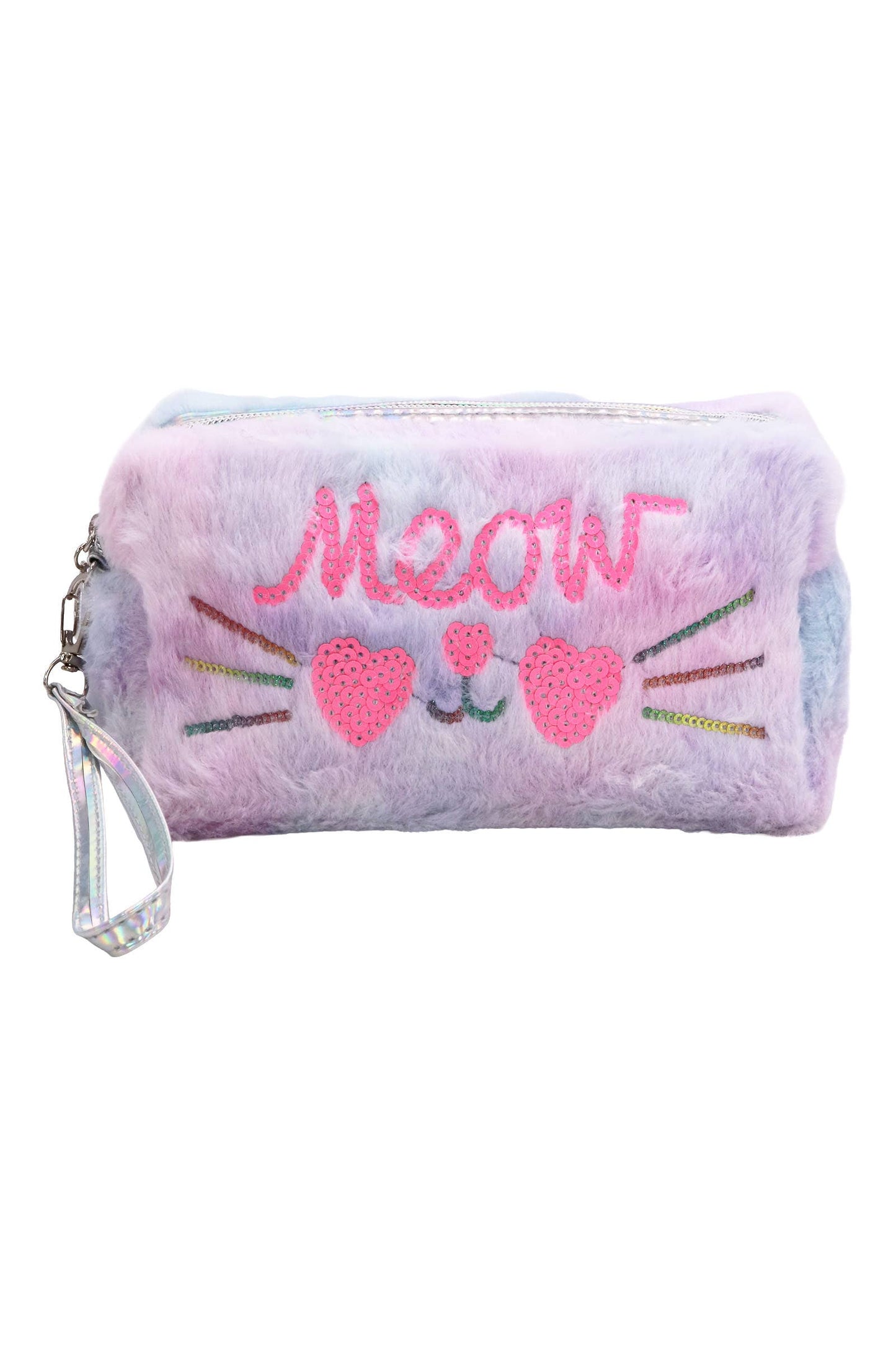 Meow Kitty Sequin Fuzzy Fur Cosmetic Pouch Bag