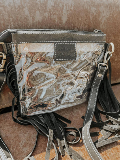 Clear Tooled Leather Fringe Stadium Purse