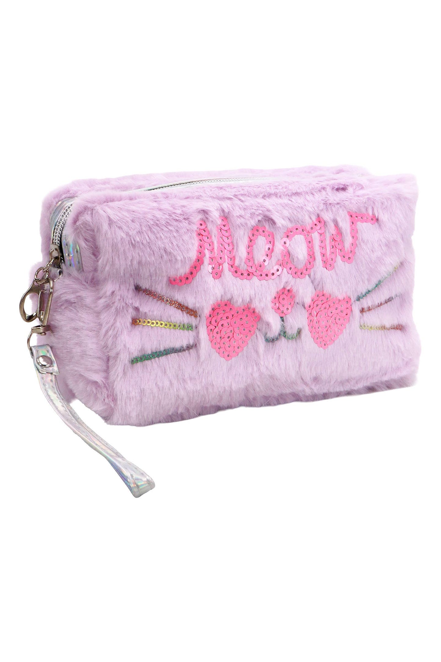 Meow Kitty Sequin Fuzzy Fur Cosmetic Pouch Bag