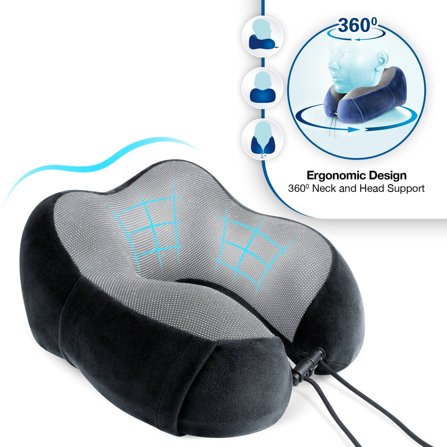 Cloudz Tech Memory Foam Travel Pillow With Earplugs - Black