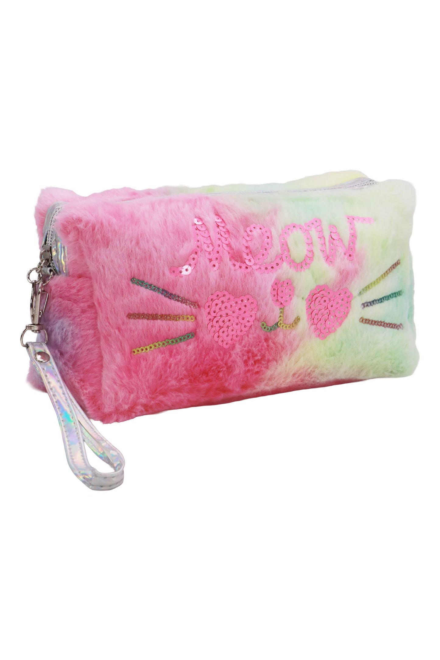 Meow Kitty Sequin Fuzzy Fur Cosmetic Pouch Bag