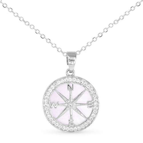 Sparkling CZ & Mother of Pearl Compass Pendant Necklace