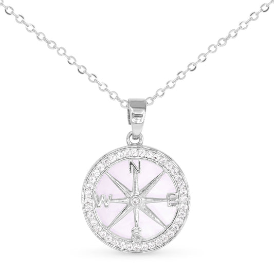 Sparkling CZ & Mother of Pearl Compass Pendant Necklace