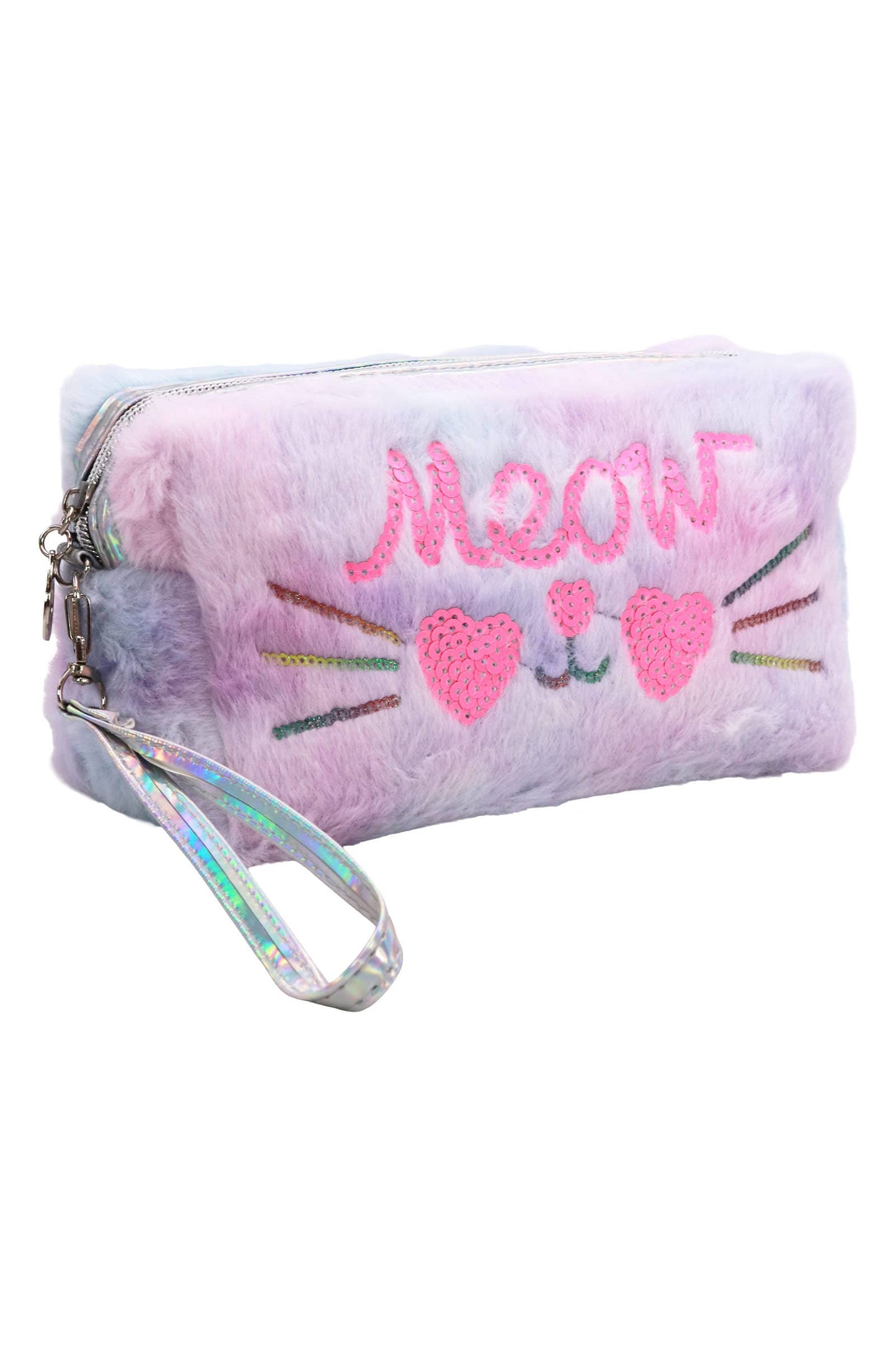 Meow Kitty Sequin Fuzzy Fur Cosmetic Pouch Bag