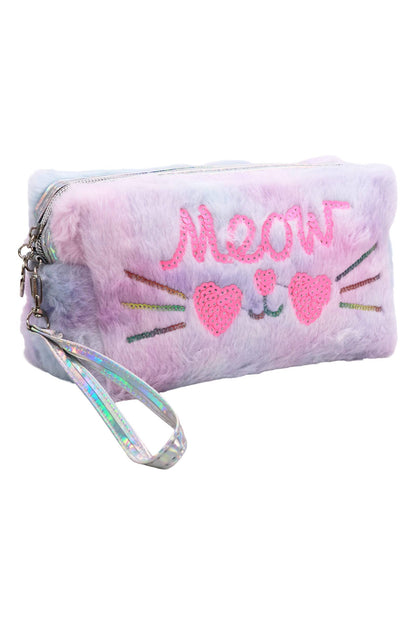 Meow Kitty Sequin Fuzzy Fur Cosmetic Pouch Bag