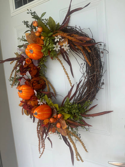 Fall Harvest Handcrafted Grapevine Wreath