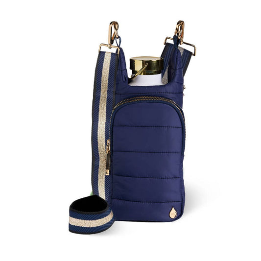 WanderFull® HydroBag® – Original Puffer Water Bottle Bag - navy with Navy w/ metallic gold strip