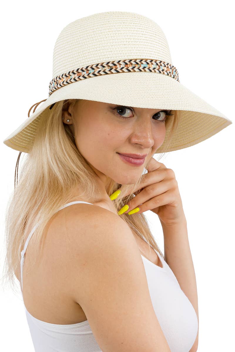 Tribal Band Dome Brim Straw Derby Sun Hat