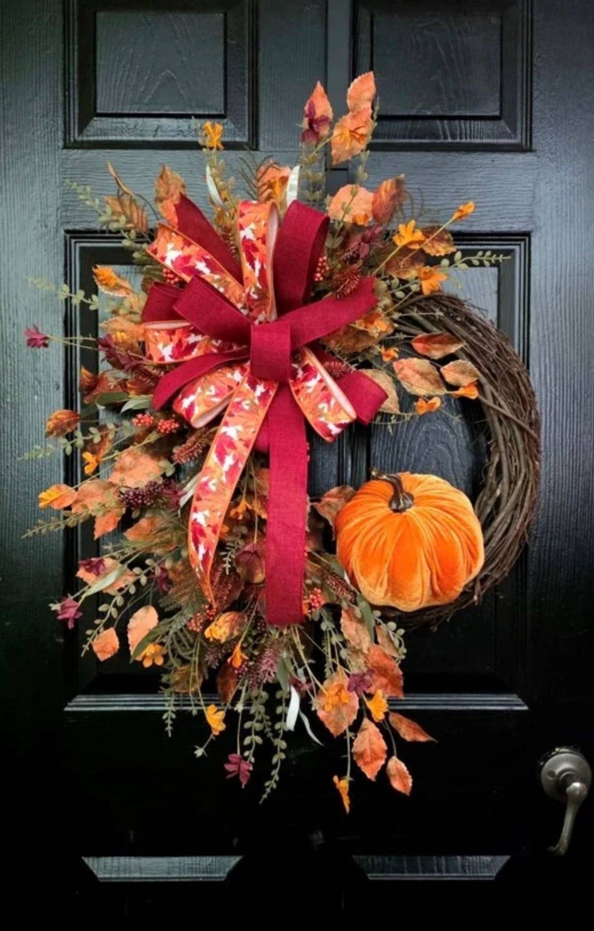 Velvet Pumpkin Handcrafted Grapevine Wreath 