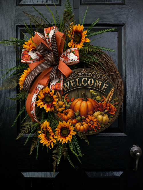 Welcome Autumn Sunflower Handcrafted Grapevine Wreath 