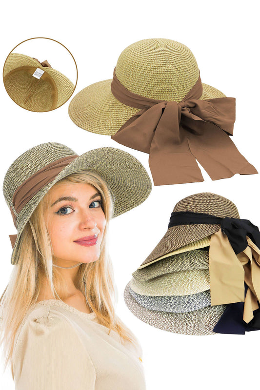 Mix Grain Straw Satin Ribbon Dome Derby Sun Hat