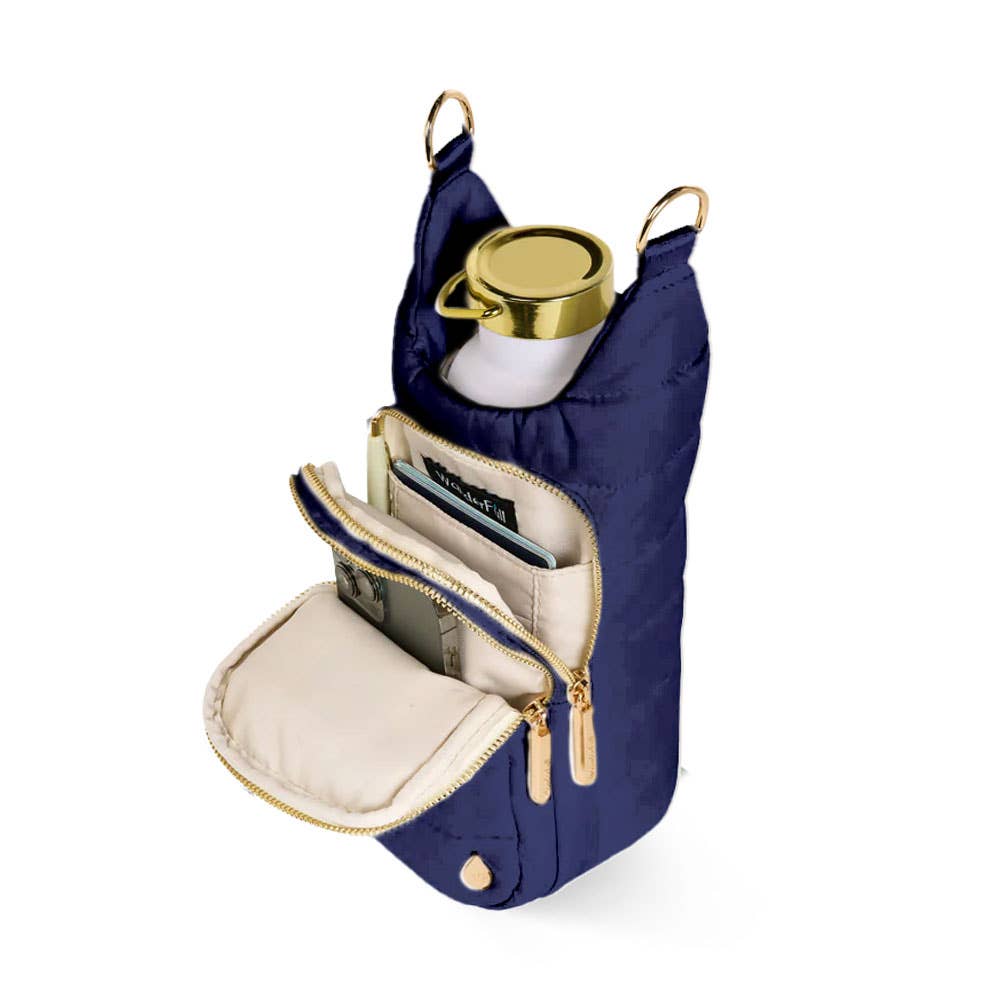 WanderFull® HydroBag® – Original Puffer Water Bottle Bag - navy with Navy w/ metallic gold strip