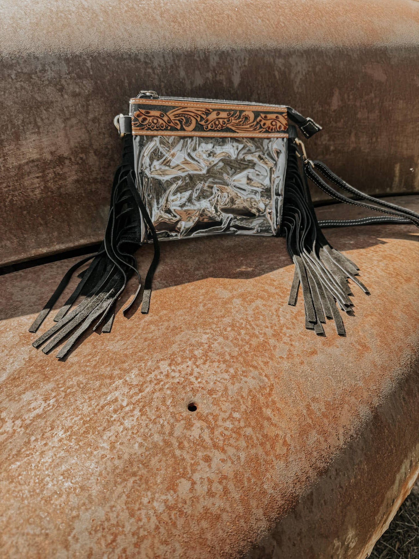Clear Tooled Leather Fringe Stadium Purse