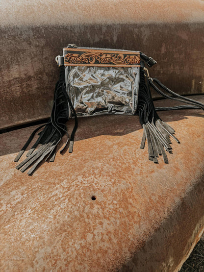 Clear Tooled Leather Fringe Stadium Purse