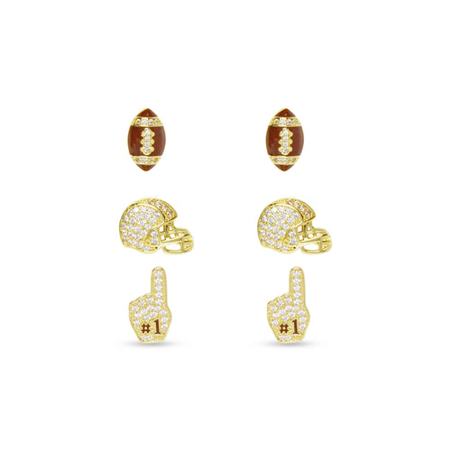 Gold Trio CZ Football, Helmet And Foam Finger Earrings