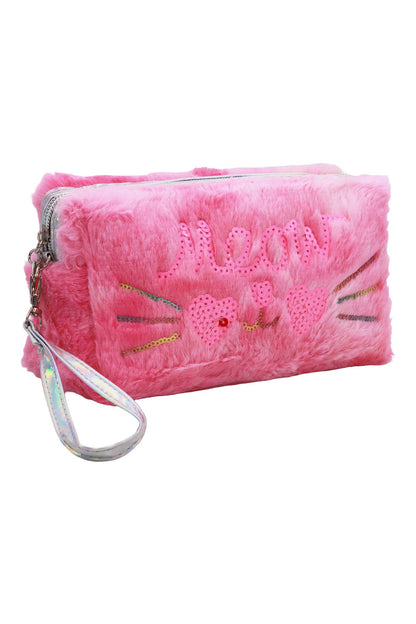Meow Kitty Sequin Fuzzy Fur Cosmetic Pouch Bag