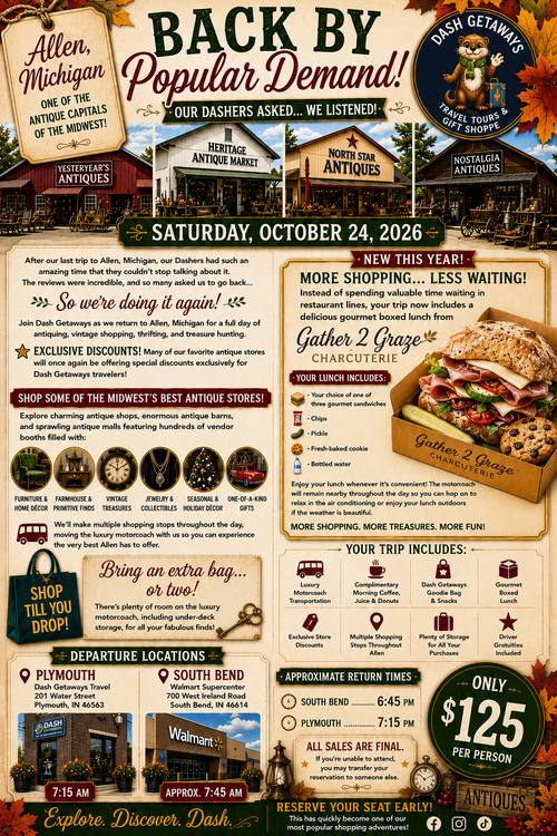 Back by Popular Demand! October 24, 2026-THRIFTING & ANTIQUING DAY TRIP - Allen, Michigan | One of the Antique Capitals of the Midwest - Pick Up Locations: Plymouth & South Bend