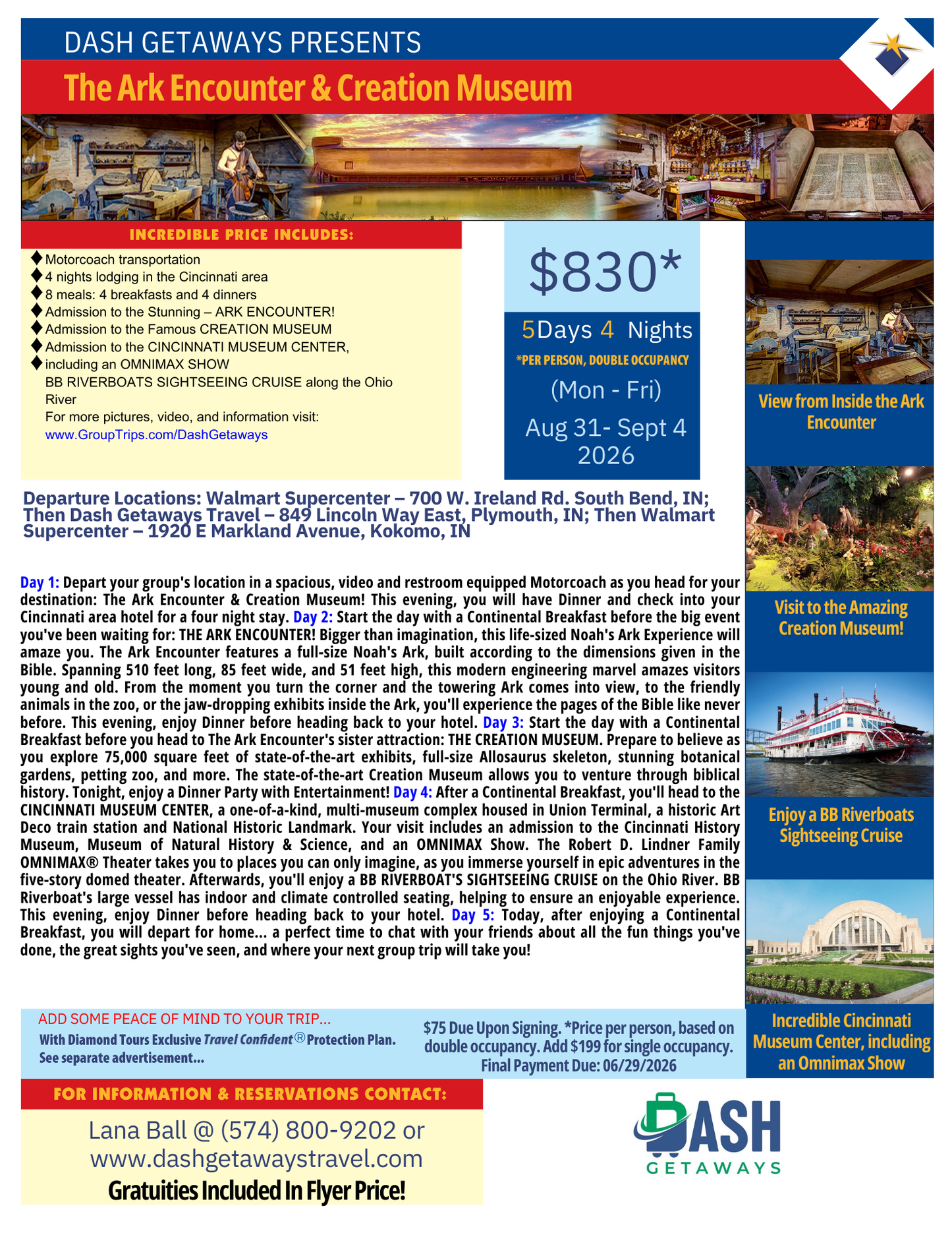 August 31-September 4, 2026 - The Ark Encounter & Creation Museum - Pick Up Locations: South Bend, Plymouth & Kokomo Indiana