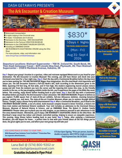 August 31-September 4, 2026 - The Ark Encounter & Creation Museum - Pick Up Locations: South Bend, Plymouth & Kokomo Indiana