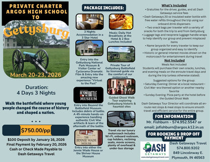 ARGOS HIGH SCHOOL STUDENTS ONLY ****PRIVATE CHARTER - GETTYSBURG