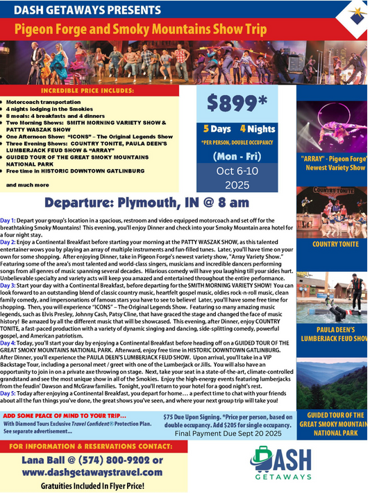 ON SALE! $50.00 OFF USE CODE BBFEST50 October 6-10, 2025! Pigeon Forge and Smokey Mountains Show Trip