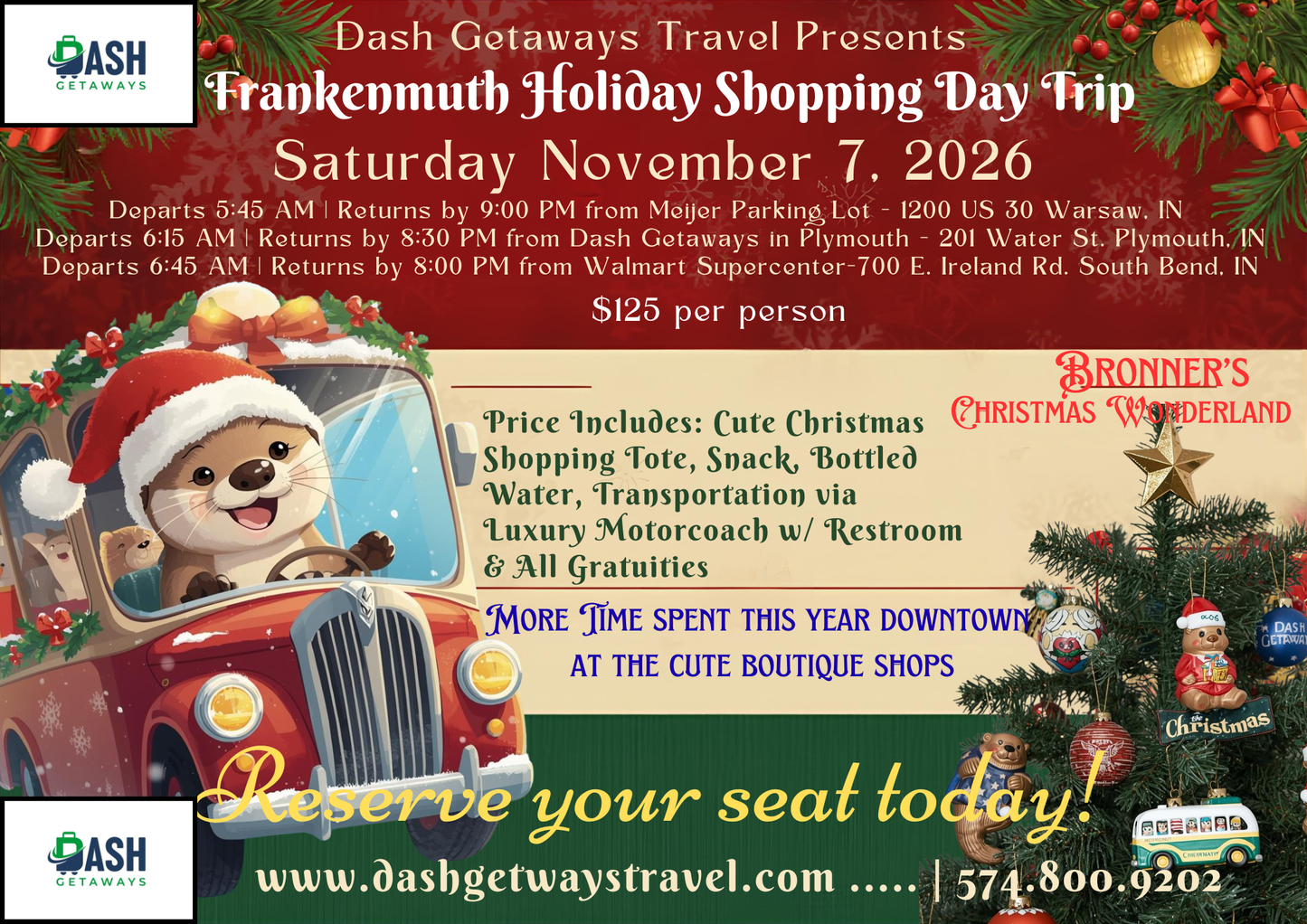 🎄✨ Saturday - November 7, 2026 Frankenmuth Christmas Dash – A One-Day Holiday Getaway!:Pick Up: Warsaw, Plymouth & South Bend