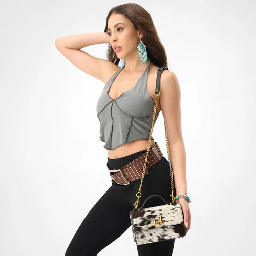 Myra - Valencia Ostrich Leather Bag – Black & White Cowhide