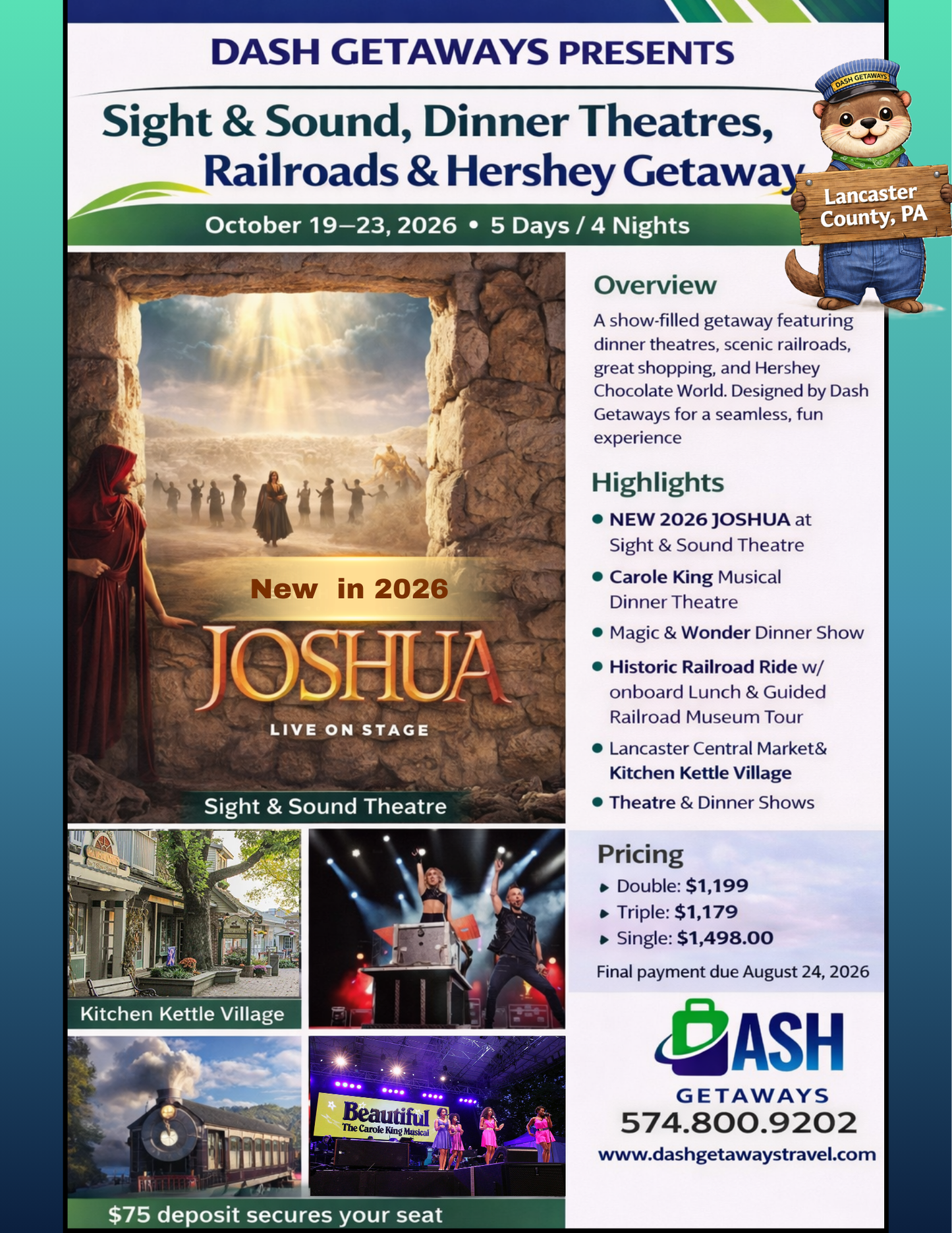October 19–23, 2026 Sight & Sound Theatre- Joshua, Dinner Shows, Railroads & Hershey Getaway - 5 Days/4 Nights