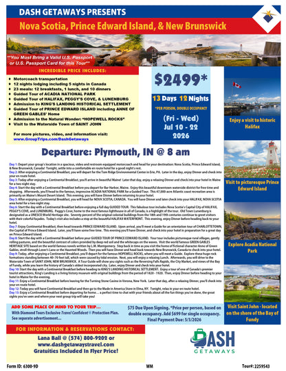 2026 Trip! Hidden Gems of the North: Nova Scotia, Prince Edward Island & New Brunswick - Jul 10-22, 2026