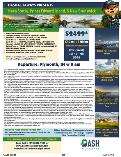 Jul 10-22, 2026: Hidden Gems of the North: Nova Scotia, Prince Edward Island & New Brunswick: Pick Up Locations: Merrillville, Plymouth & Ft. Wayne