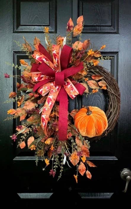 Velvet Pumpkin Handcrafted Grapevine Wreath 