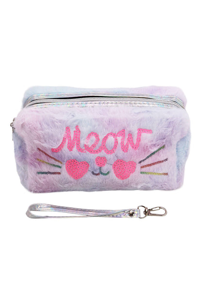 Meow Kitty Sequin Fuzzy Fur Cosmetic Pouch Bag