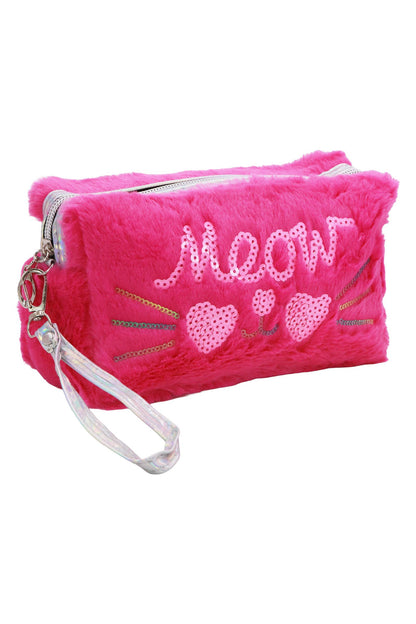 Meow Kitty Sequin Fuzzy Fur Cosmetic Pouch Bag