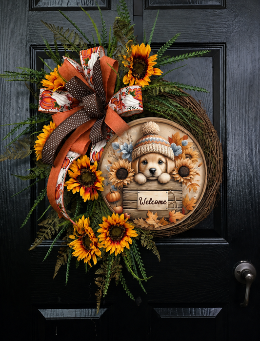 Welcome Fall Dog & Sunflower Handcrafted Grapevine Wreath