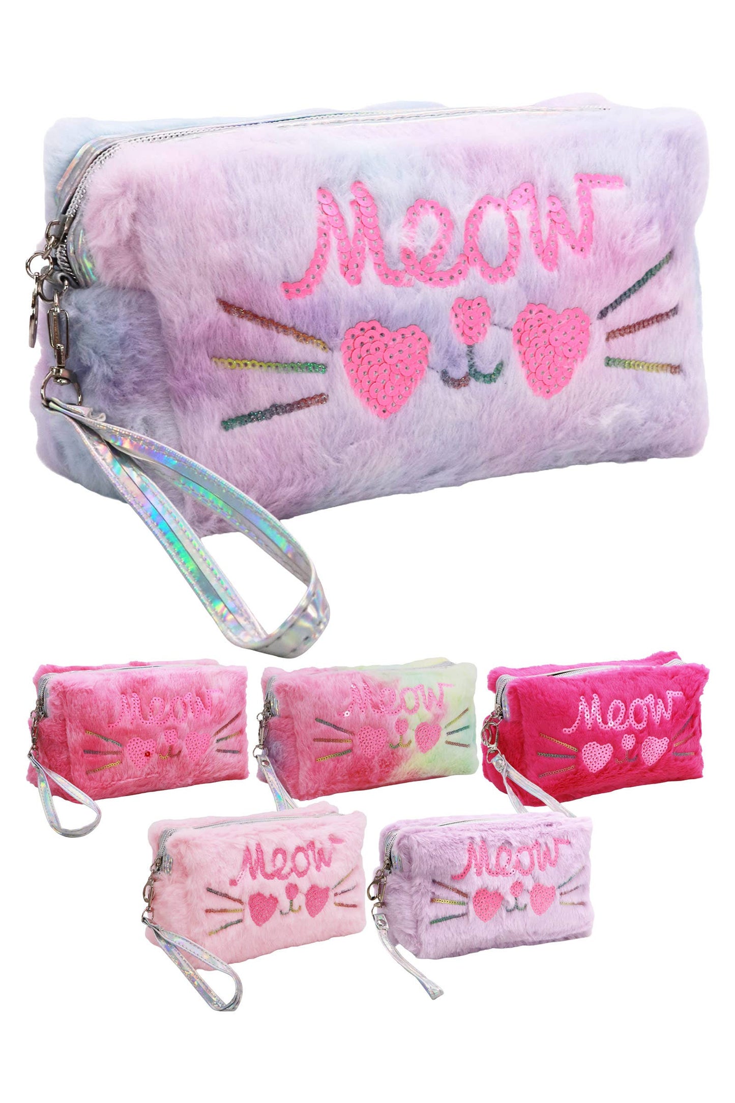 Meow Kitty Sequin Fuzzy Fur Cosmetic Pouch Bag