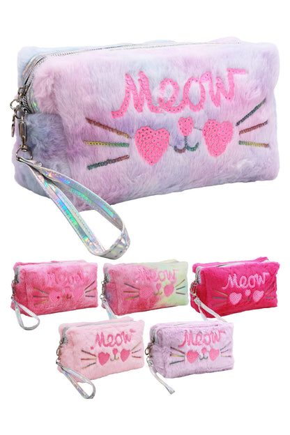 Meow Kitty Sequin Fuzzy Fur Cosmetic Pouch Bag