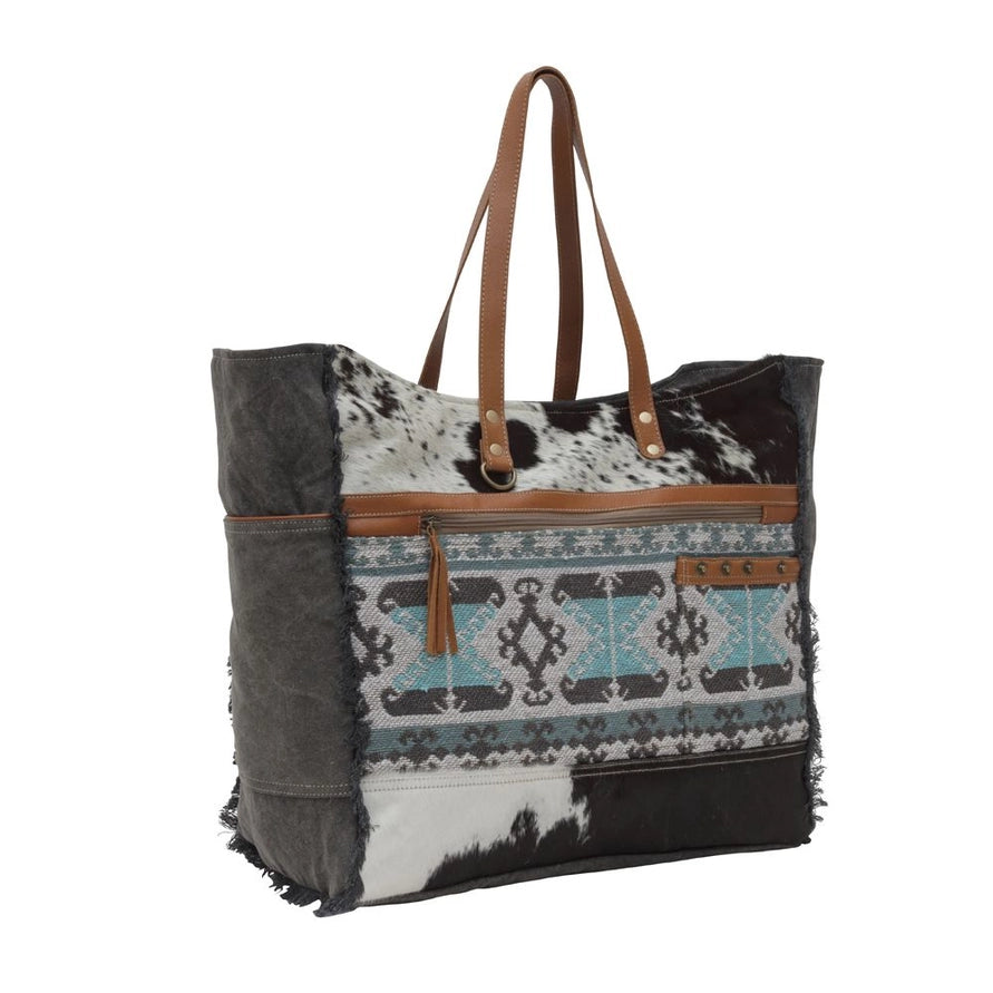 Myra Cowhide Western Turquoise Weekender Travel Bag